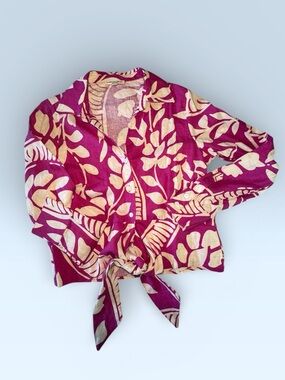 Christian Siriano Magenta and Cream Tropical Leaf Print Blouse